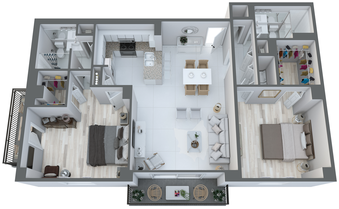 Floor plan for 2 beds, 2 baths, 1293 sqft